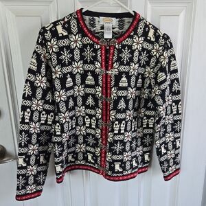 Black and White Snowflake Cardigan with Red Accents